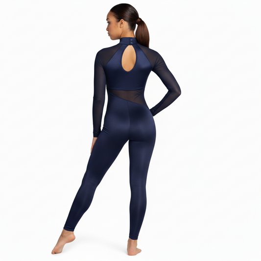Navy blue athletic outfit with mesh panels on a white background